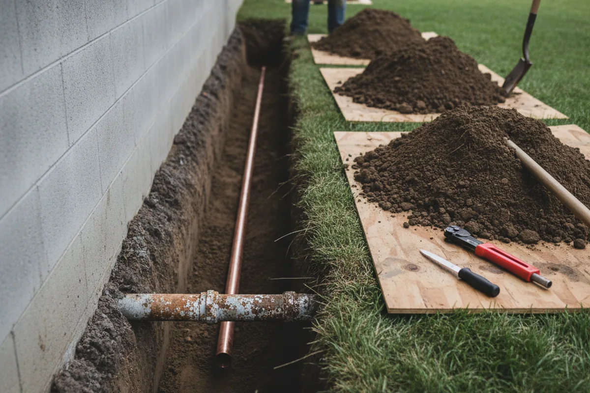 Excavated water line trench during Sewer Line Repair in Barnet